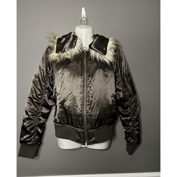 Rue21 Jacket Womens Large Black Faux Fur Hood Full Zip Bomber Puffer Coat - Picture 1 of 8